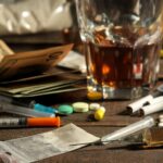 various addictive drugs including alcohol cigarettes drugs brown wooden table drug addiction concept 262193 3441